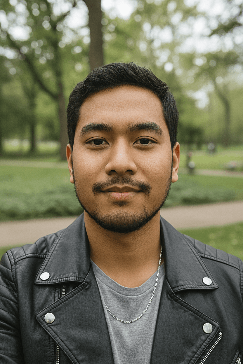Voorbeeld na: auteur/content creator met leren jas in een park