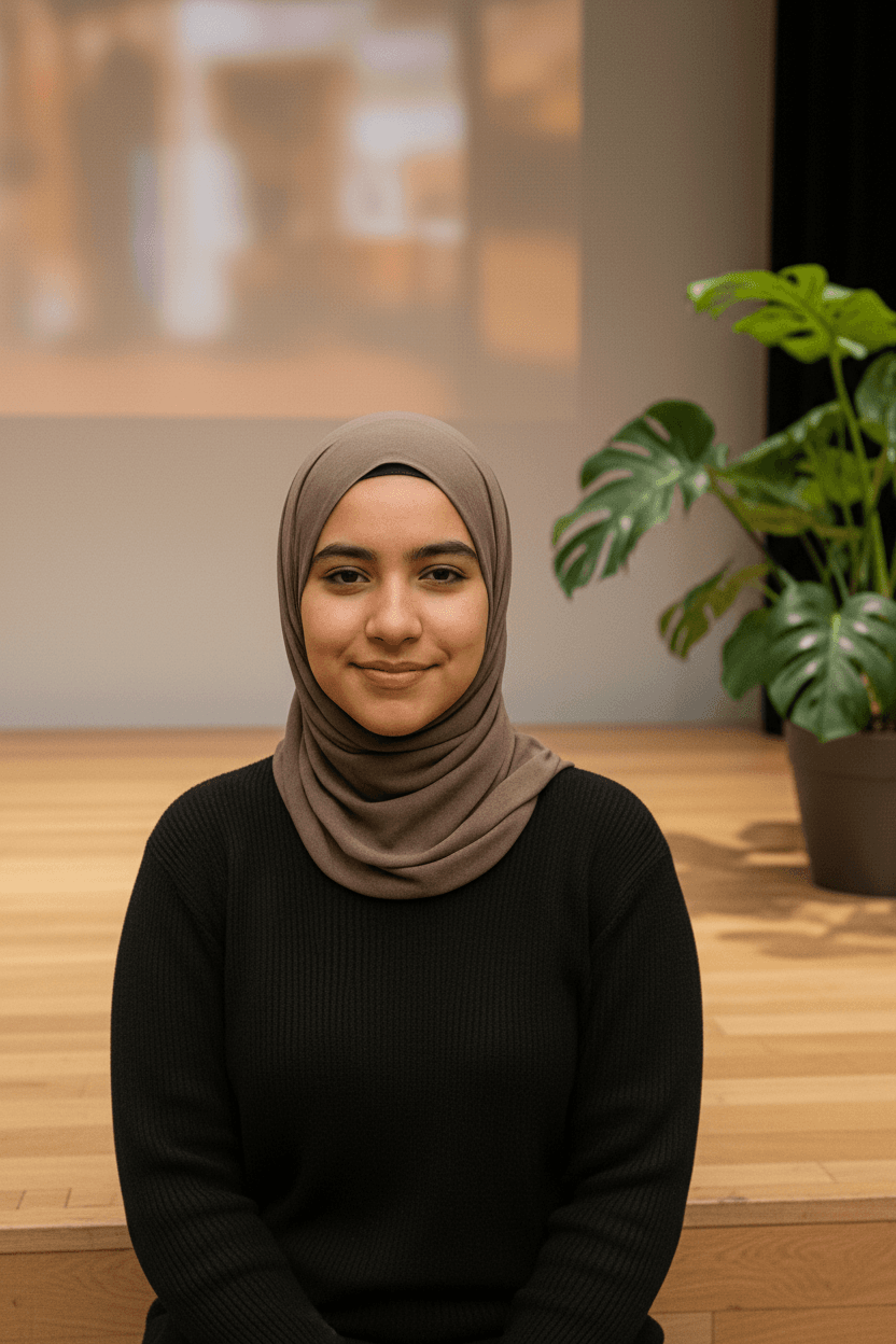 AI headshot after: PR spreker met hoofddoek op podium