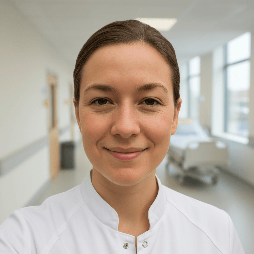 Foto na: headshot zorgprofessional in witte zorgkleding en klinische achtergrond