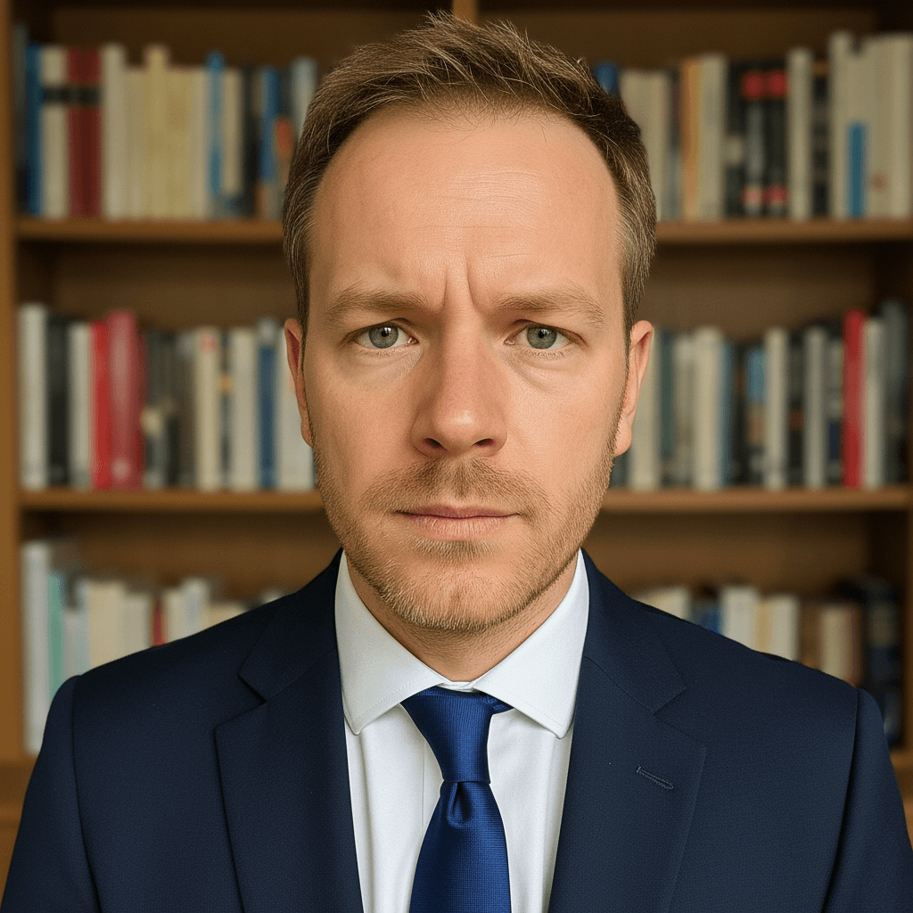 Voorbeeld na: zakelijke profielfoto advocaat in marineblauw pak en boekenkast achtergrond