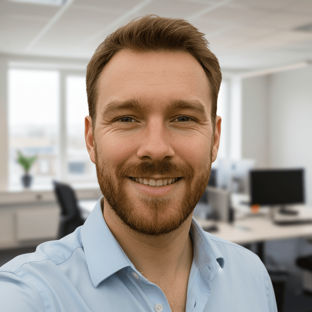 Na transformatie: zakelijke profielfoto consultant met kantoor achtergrond