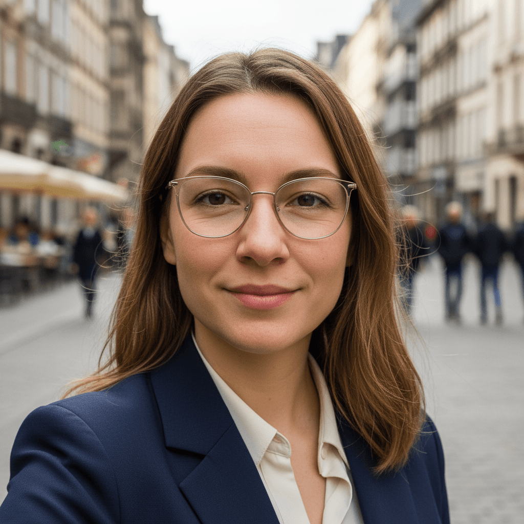 Foto na: zakelijke headshot recruiter in blazer met bril en straat achtergrond